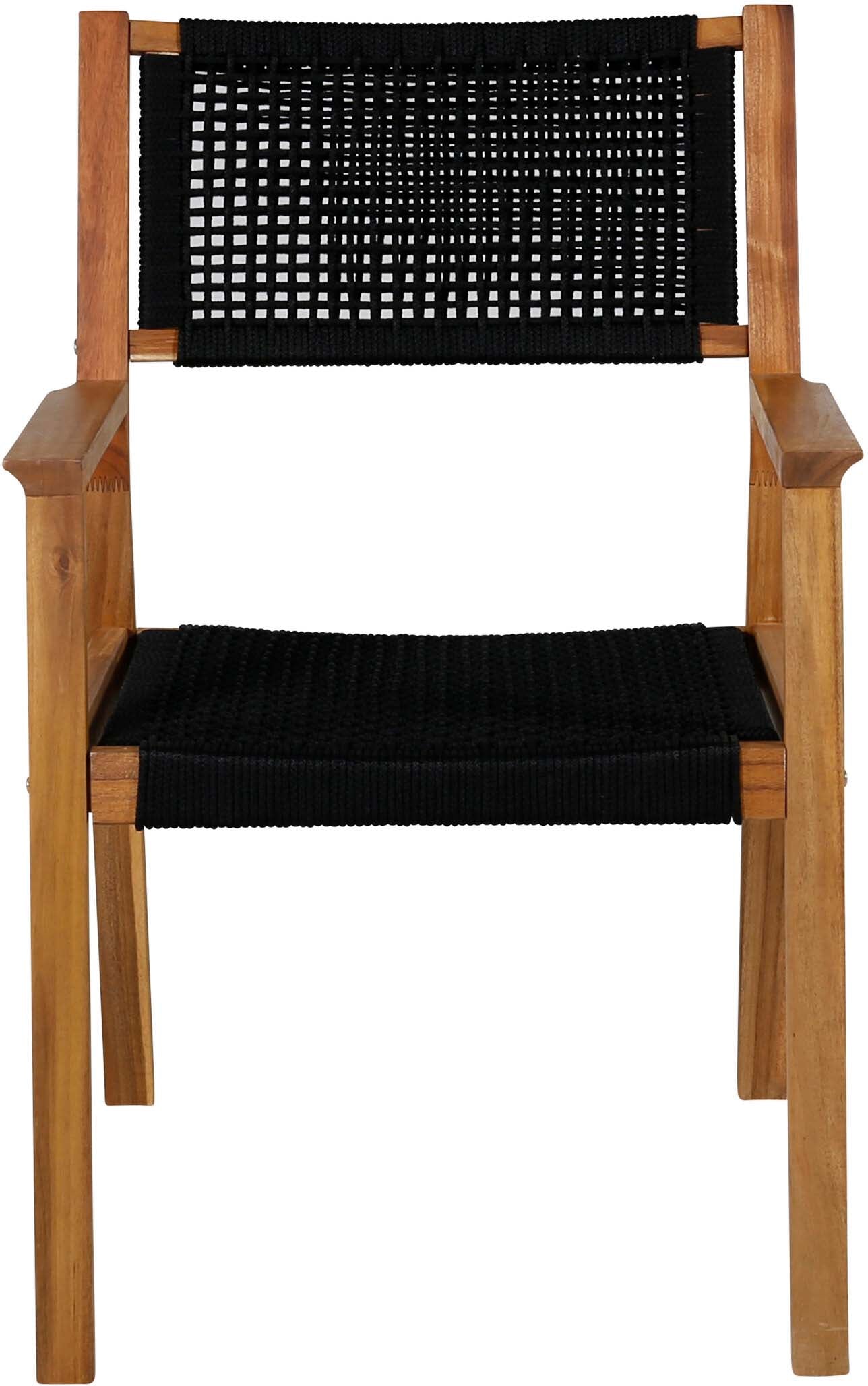 Der Little John Gartenstuhl von Venture Home: Stilvolles Design aus Akazienholz und schwarzem Seil, ideal für Komfort im Garten.