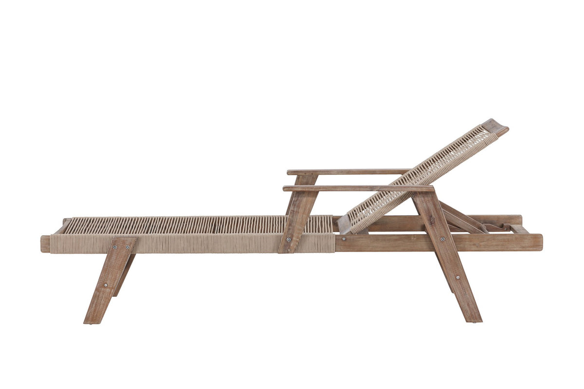 Sonnenliege Little John aus dunkelbraunem Akazienholz mit Bespannung aus Polyesterseil, verstellbare Rückenlehne, Outdoor-Liegestuhl.