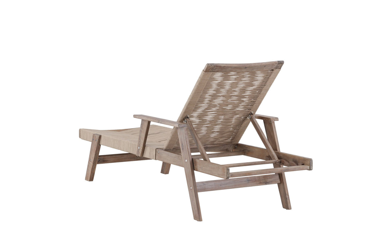 Sonnenliege Little John aus dunkelbraunem Akazienholz mit Bespannung aus Polyesterseil, verstellbare Rückenlehne, Outdoor-Liegestuhl.
