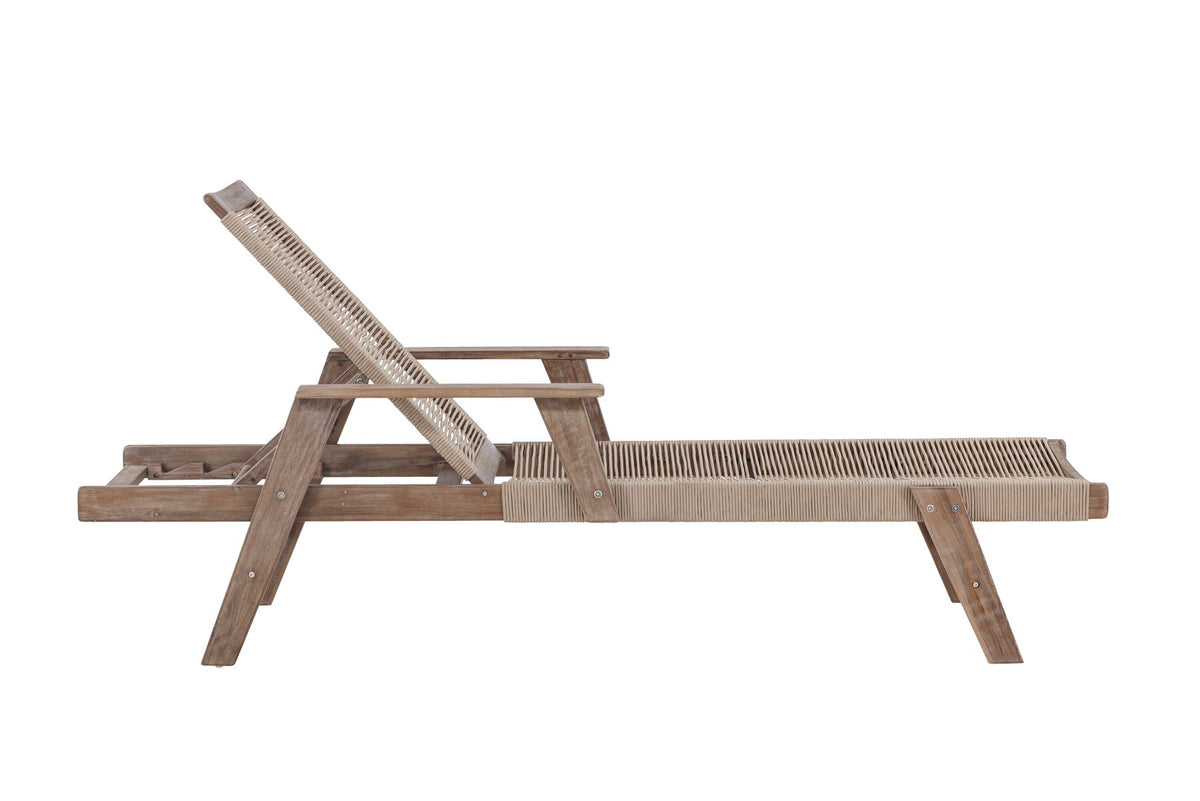 Sonnenliege Little John aus dunkelbraunem Akazienholz mit Bespannung aus Polyesterseil, verstellbare Rückenlehne, Outdoor-Liegestuhl.