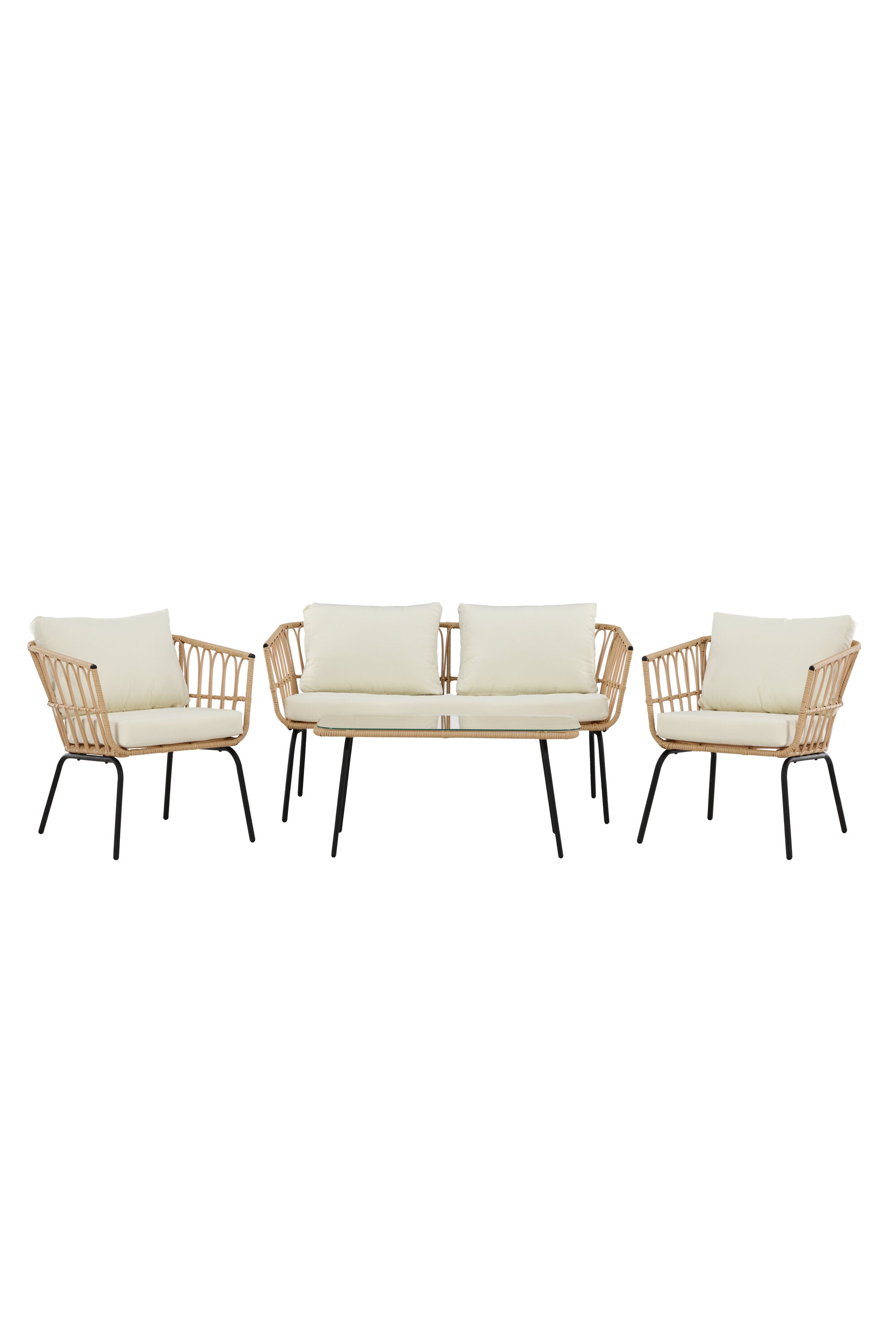 Entdecken Sie das Ortigia Lounge Set von Venture Home: Eleganz trifft Funktionalität mit einem stabilen Metallrahmen, bequemen Kissen und einem stilvollen Tisch.