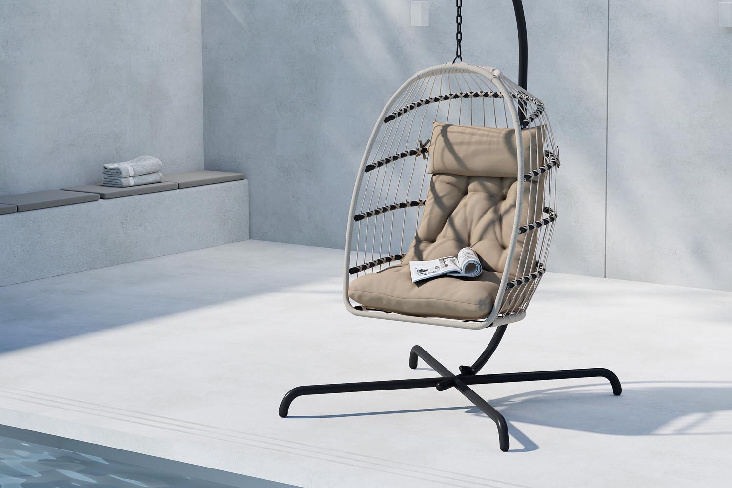 Genießen Sie ultimativen Komfort im Trezza Hängesessel von Venture Home – ein elegantes Design aus langlebigem Stahl und weichem Seilgeflecht.