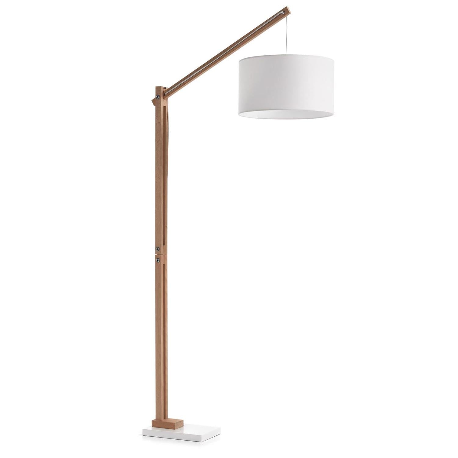 Elegante Stehlampe Riaz aus massiver Buche mit weissem Schirm, modernes Design, langlebig, ideal für jeden Wohnstil.