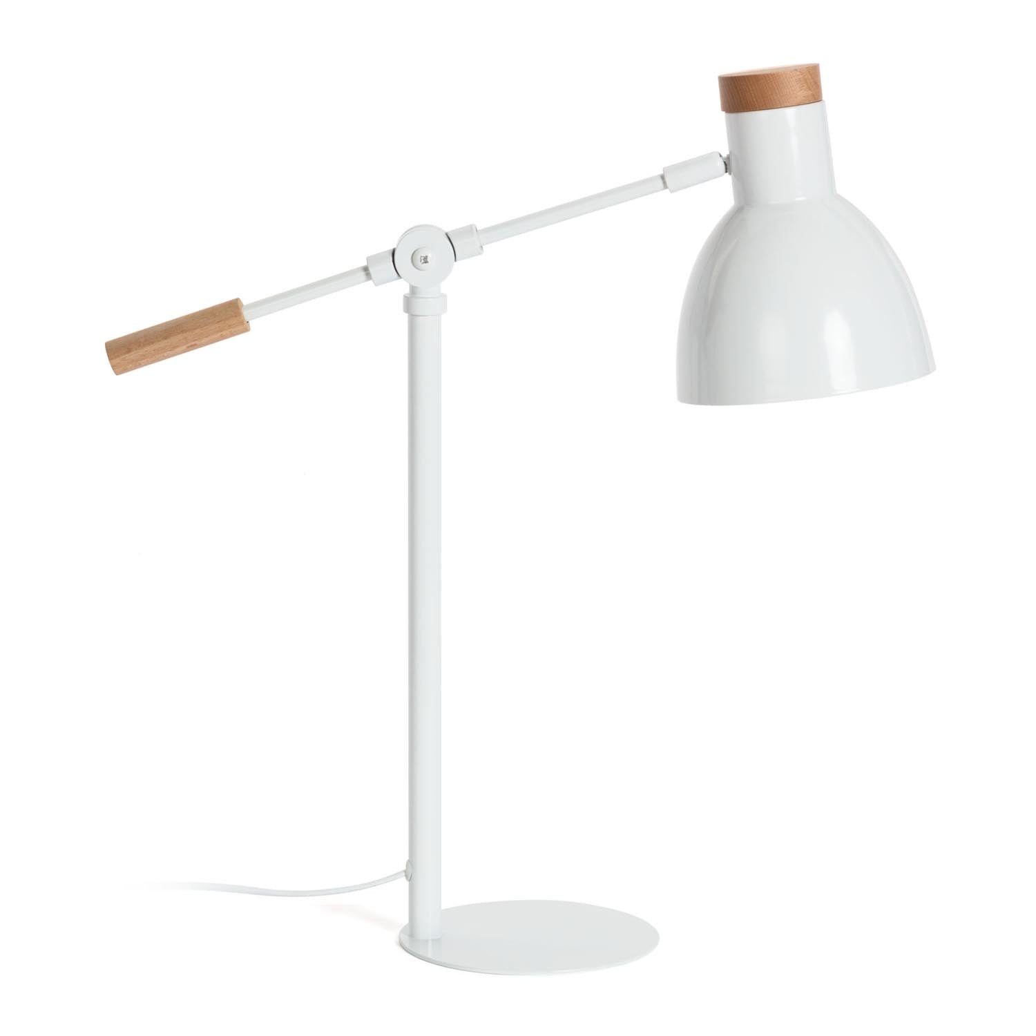 Die Tescarle Tischlampe von Kave Home: Modernes Design, langlebiger Stahl, warmes Buchenholz, flexibler Gelenkarm, E14-Fassung.