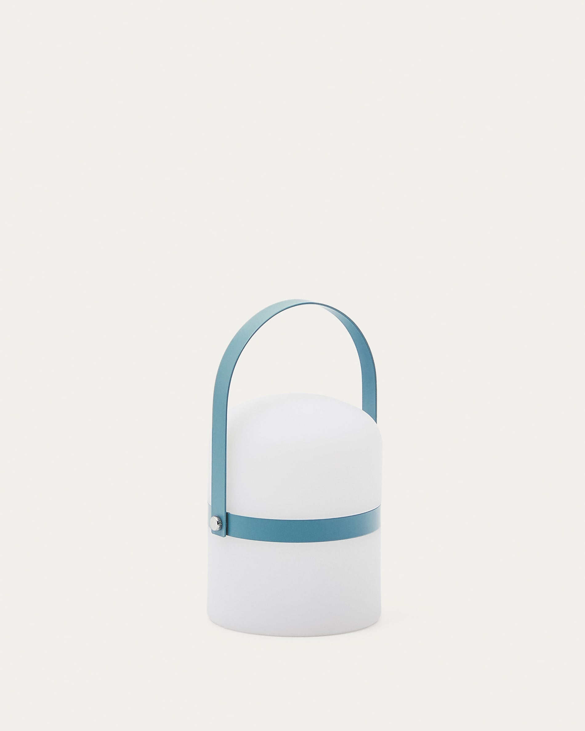 Kompakte, tragbare LED-Tischlampe aus blauem Polyethylen mit Metallgriff. Stilvolles Design, ideal für moderne Räume.