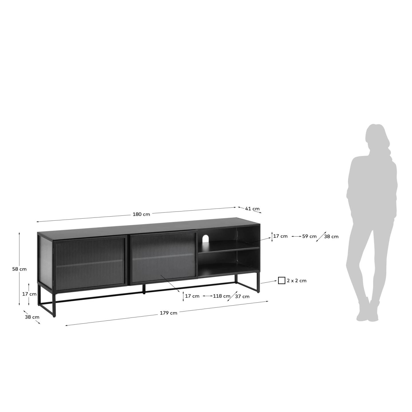 Eleganter TV-Schrank aus schwarzem Stahl, 180x58 cm, mit 2 Türen. Perfekt für moderne Wohnräume, von Kave Home entworfen.