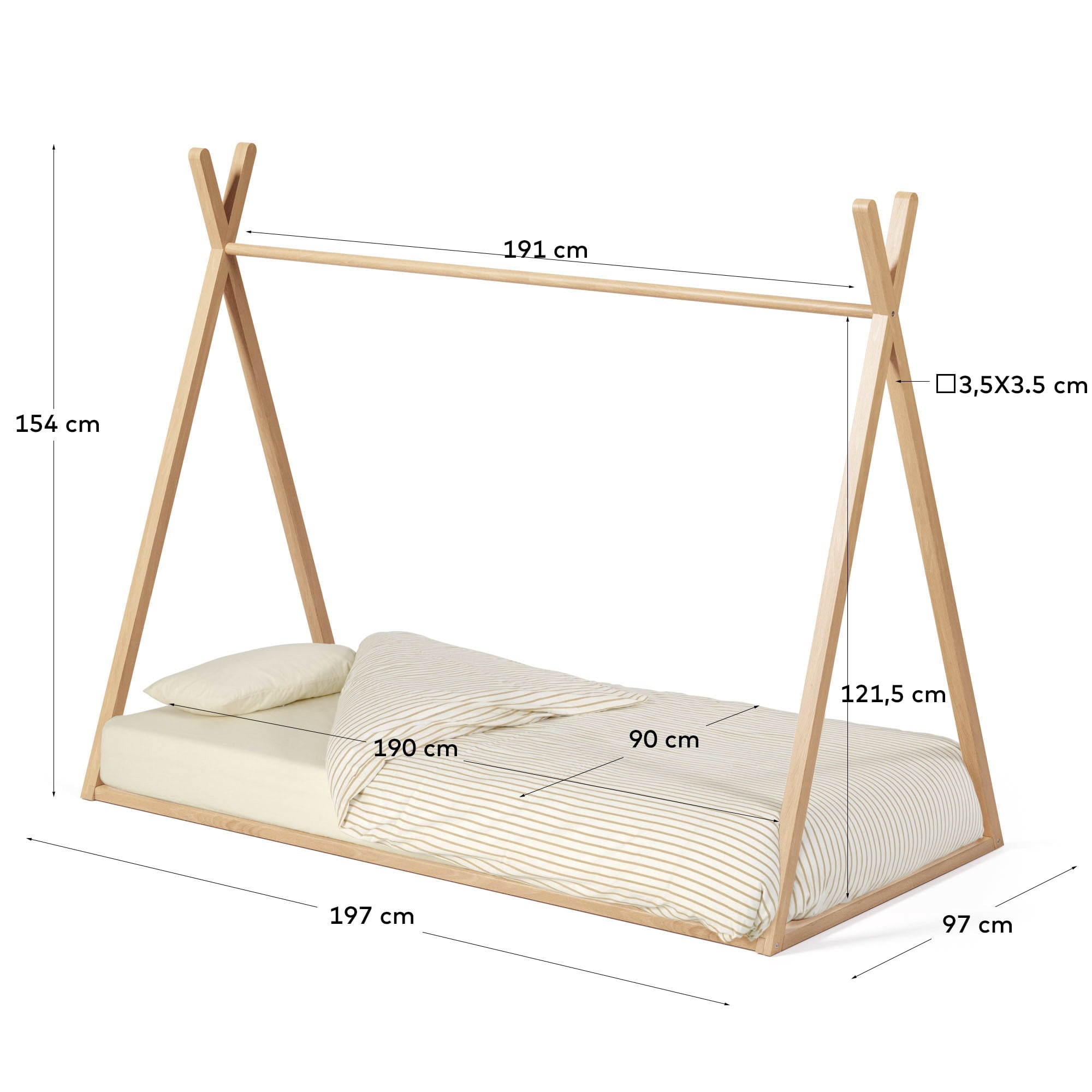 Entdecken Sie das Maralis Tipi-Bett aus massiver Buche – ein kreativer Rückzugsort für Kinder mit sicherem Design und natürlichem Finish.