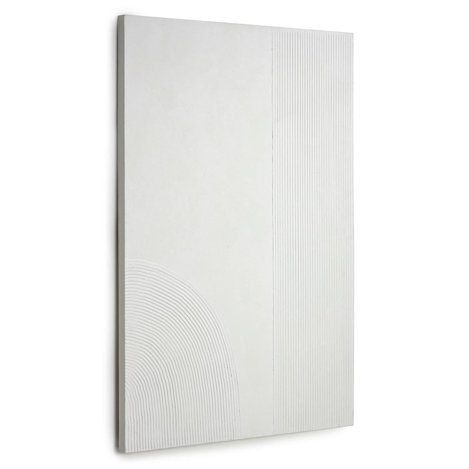 Das Adelta Bild von Kave Home: 80x110 cm, weisse Linien, Acryl, Segeltuch, Kiefernholz. Stilvoll, kreativ, handgefertigt, inspirierend.