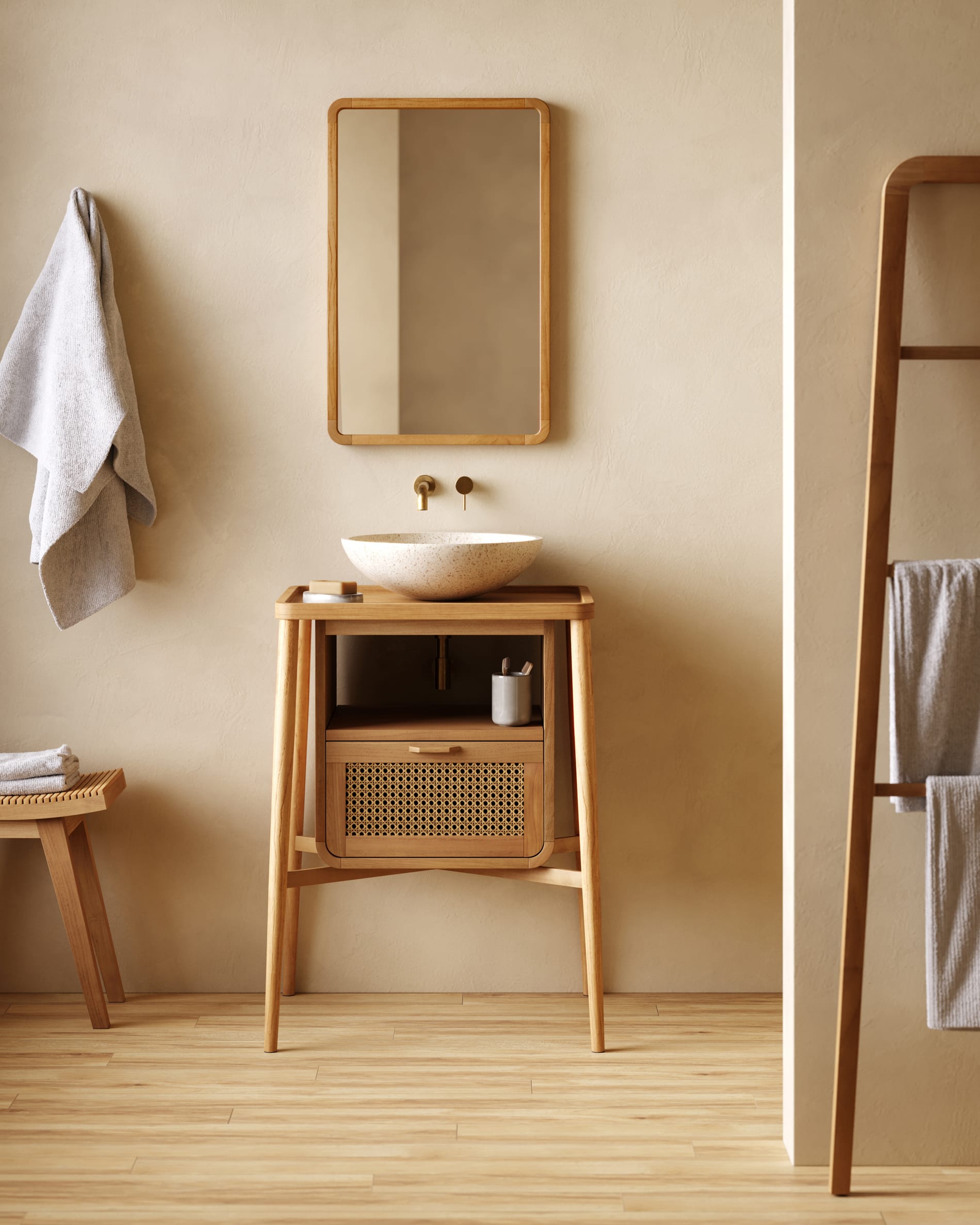 Eleganter Handtuchhalter aus massivem Teakholz, 50x160 cm, mit natürlichem Finish, ideal für stilvolle und moderne Badezimmer.