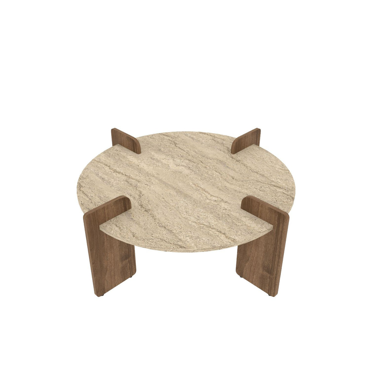 Couchtisch Avoure von Hanah Home mit Tischplatte in Travertin-Optik und Gestell in Nussbaum-Farbton, Masse 90x90x35 cm (B/T/H).