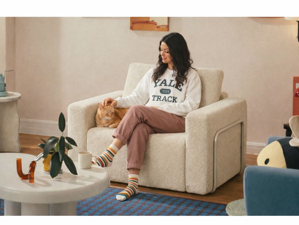 Cremefarbenes 1-Sitzer Schlafsofa Wello aus Bouclé-Stoff mit kompakter Sitzfläche und ausklappbarer Liegefläche im Wohnraum.