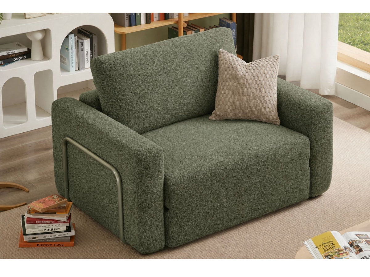 Grünes 1-Sitzer Schlafsofa aus Bouclé-Stoff von Hanah Home, kompakte Form mit Armlehnen und Rollverpackung, Sitzhöhe 35 cm.