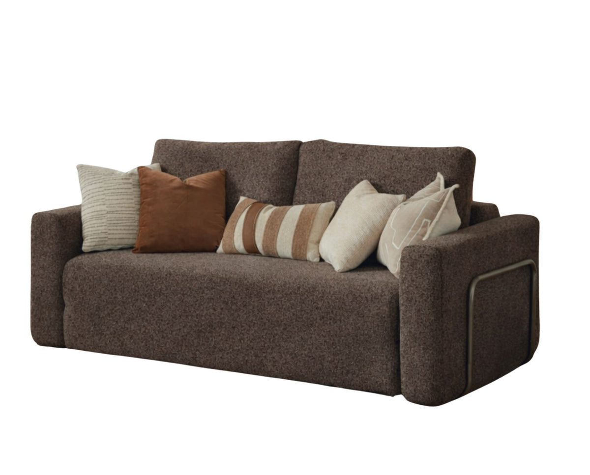 Braunes 2-Sitzer Schlafsofa Wello aus Bouclé-Stoff mit Armlehnen, Sitzhöhe 35 cm, im ausgeklappten Zustand als Bett nutzbar.