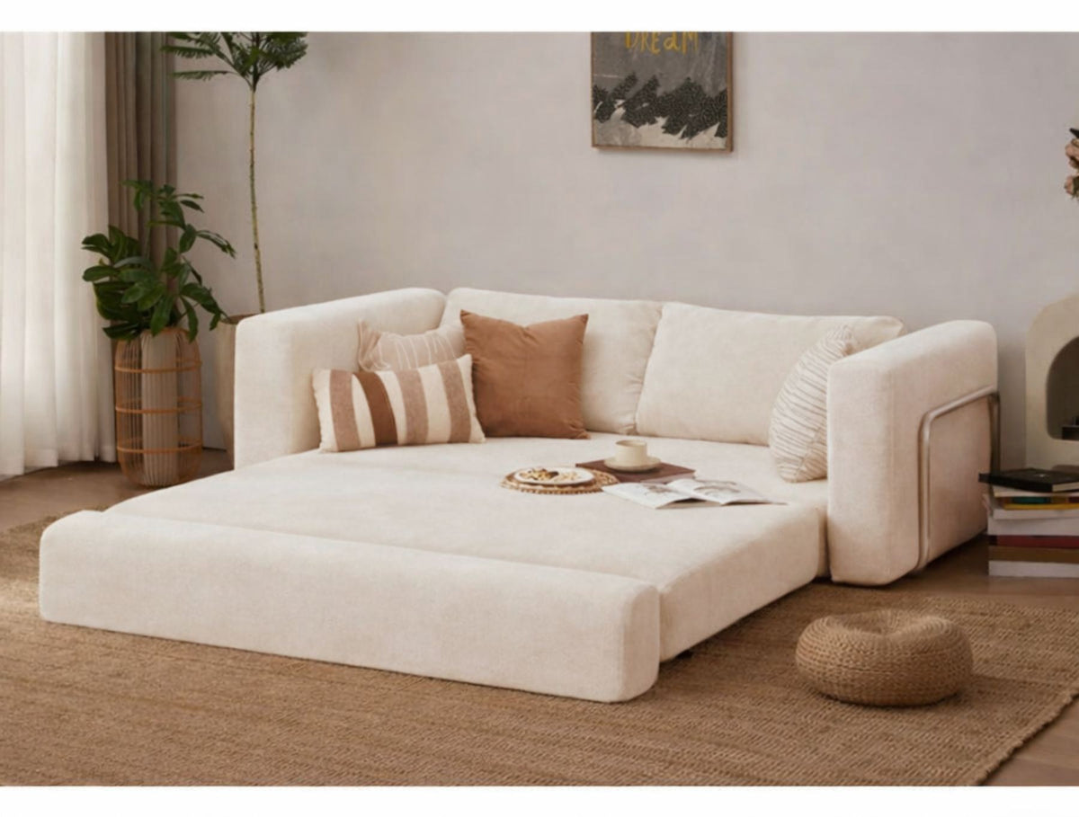 Cremefarbenes 2-Sitzer Schlafsofa Wello aus Bouclé-Stoff mit Armlehnen, gezeigt in aufgeklappter und geschlossener Sofa-Position.