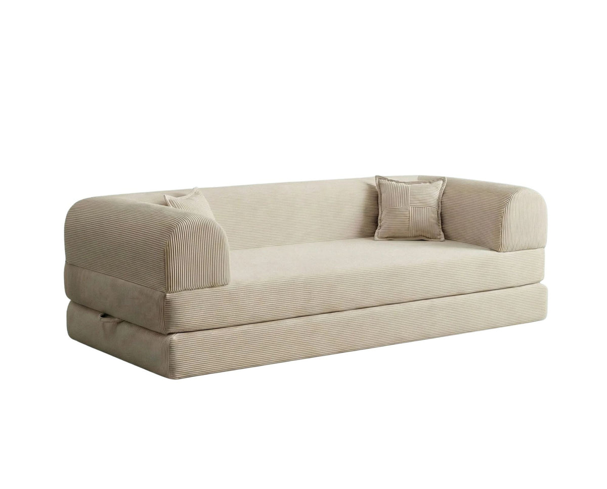 Cremefarbenes 3-Sitzer Schlafsofa Legom Eco von Hanah Home aus geripptem Cord-Plüschstoff mit zwei Kissen im Roll-Pack-Design abgebildet.