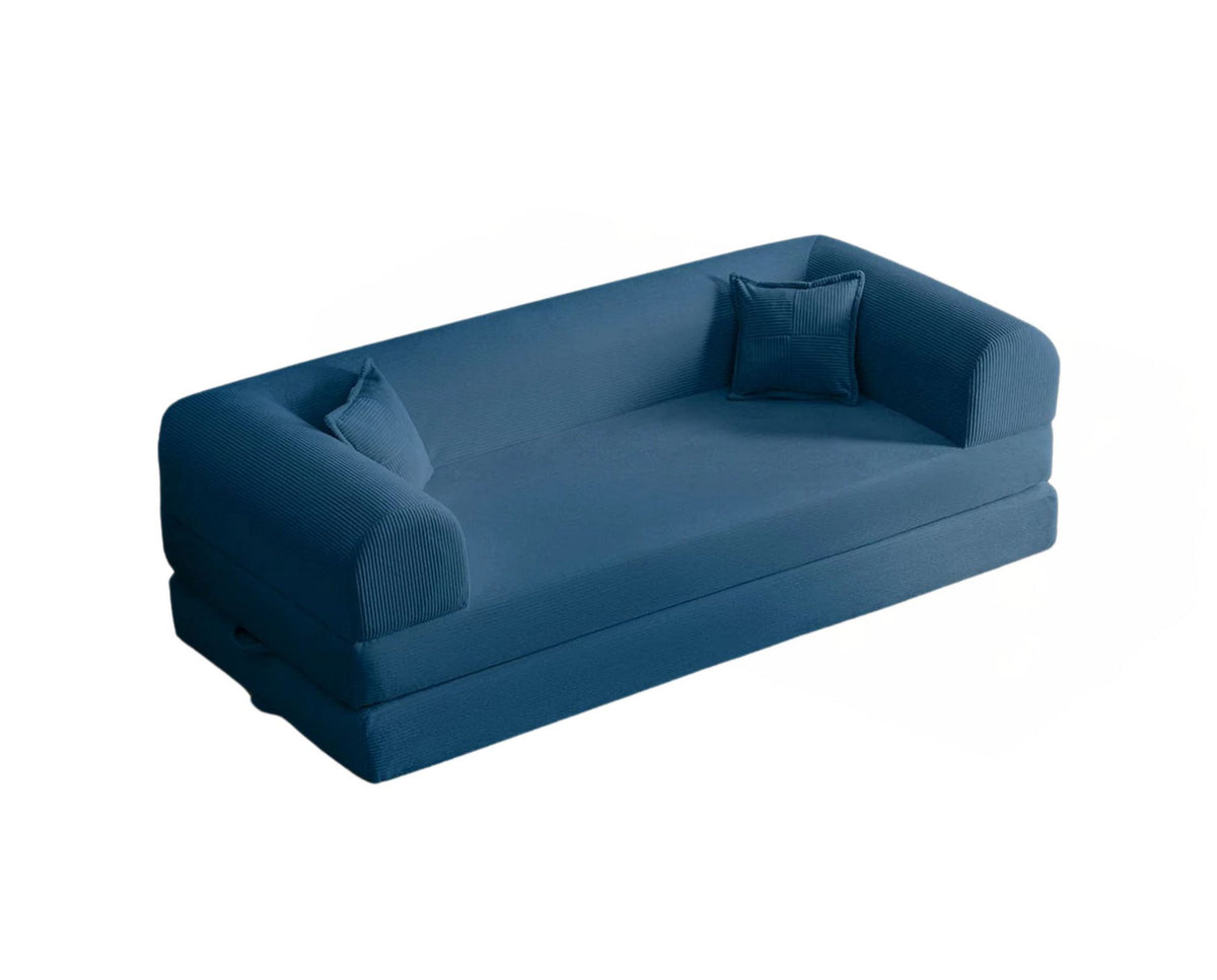 Blaues 3-Sitzer Schlafsofa Legom Eco aus geripptem Cord-Plüschstoff mit abnehmbarem Bezug und zwei losen Kissen, Sitzhöhe 36 cm.