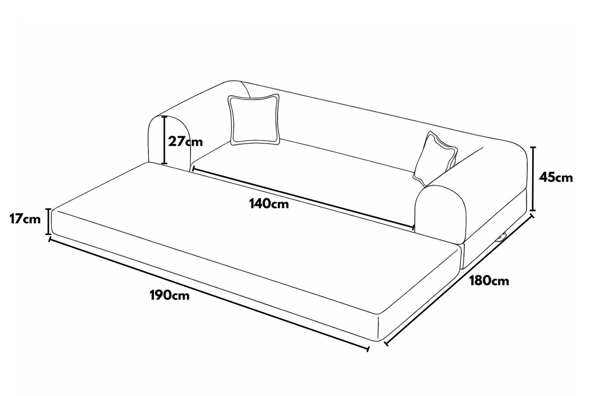 Blaues 3-Sitzer Schlafsofa Legom Eco aus geripptem Cord-Plüschstoff mit abnehmbarem Bezug und zwei losen Kissen, Sitzhöhe 36 cm.