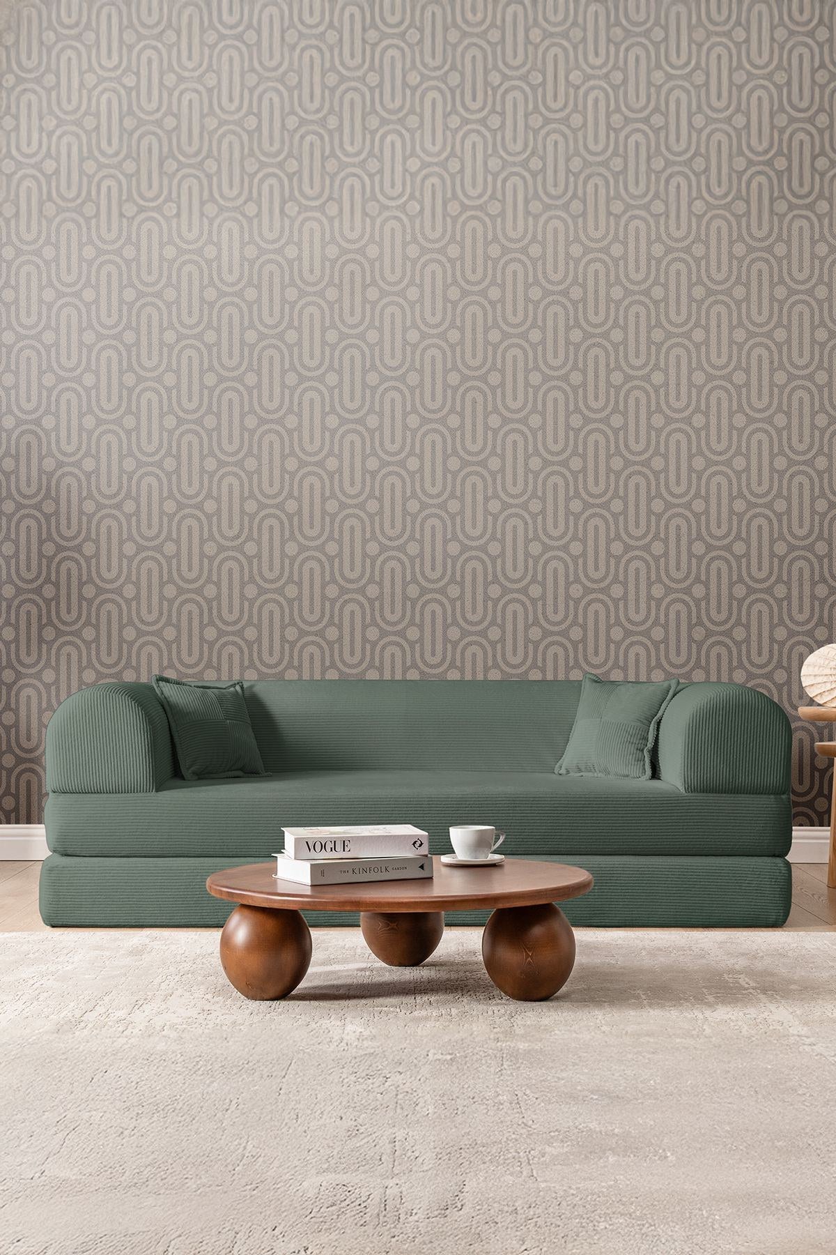 Grünes 3-Sitzer Schlafsofa Legom Eco von Hanah Home aus geripptem Cord-Plüschstoff mit zwei Kissen und abnehmbarem Bezug.
