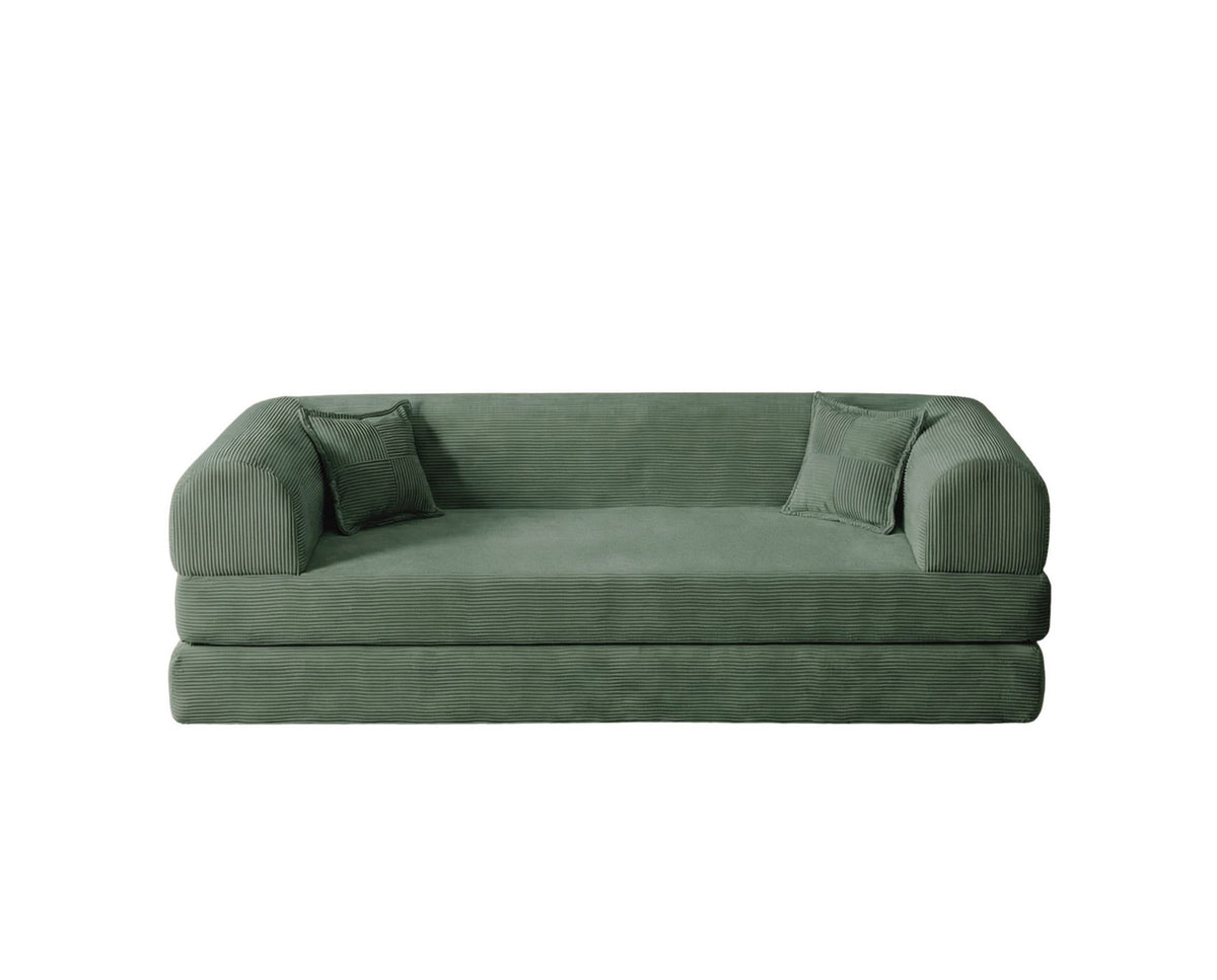 Grünes 3-Sitzer Schlafsofa Legom Eco von Hanah Home aus geripptem Cord-Plüschstoff mit zwei Kissen und abnehmbarem Bezug.
