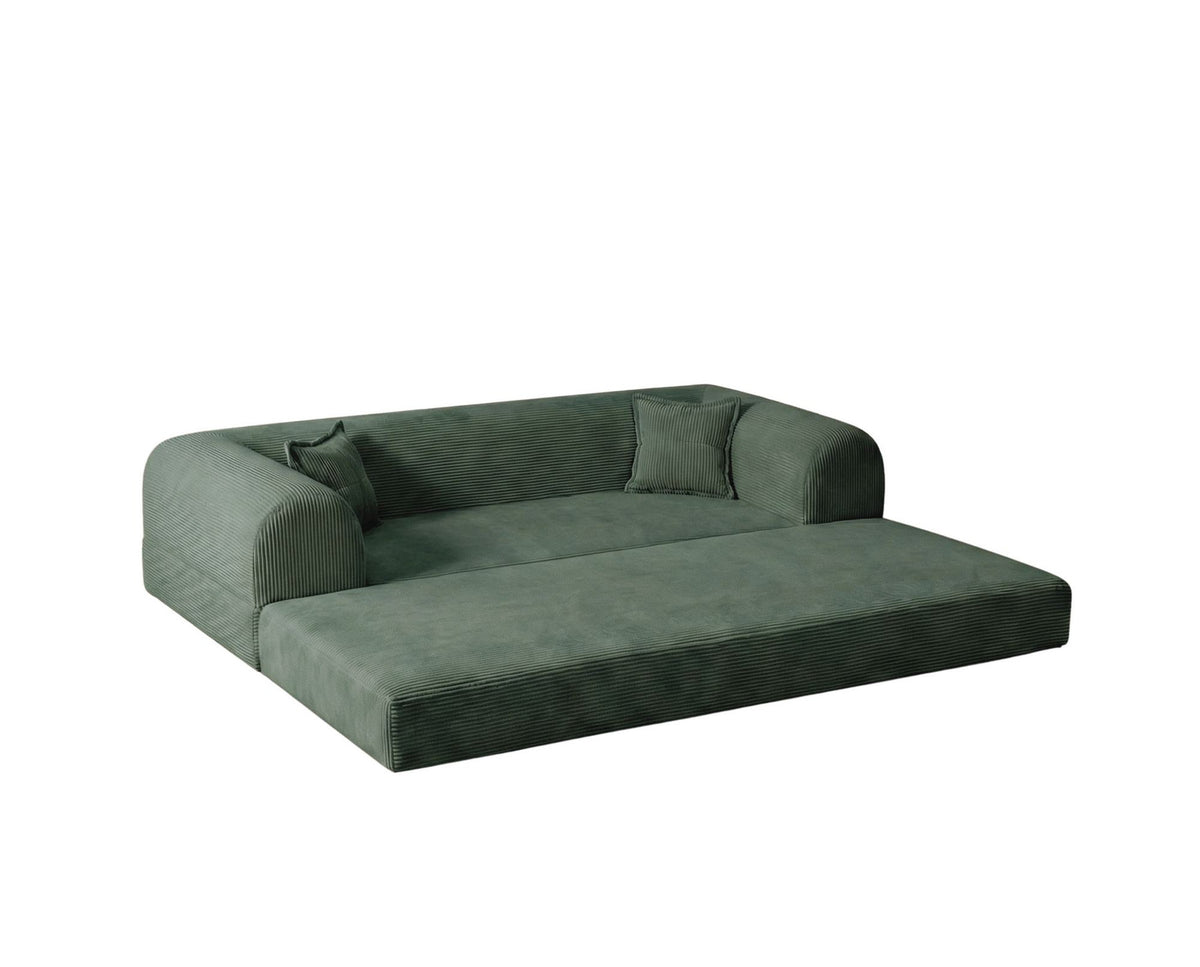 Grünes 3-Sitzer Schlafsofa Legom Eco von Hanah Home aus geripptem Cord-Plüschstoff mit zwei Kissen und abnehmbarem Bezug.