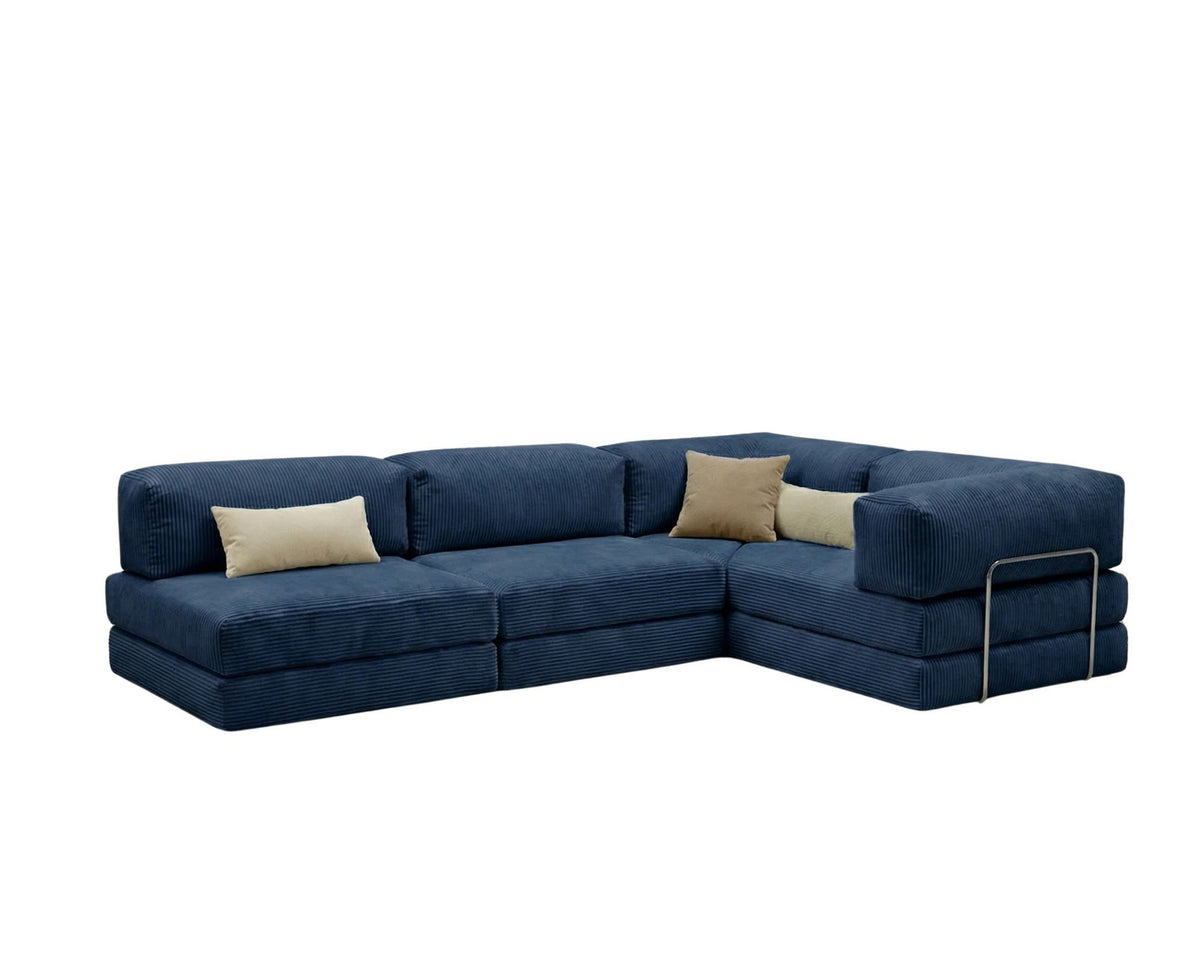 Marineblaues Eck-Schlafsofa aus Cord-Plüschstoff mit vier Kissen, Rollpack-Verpackung und abnehmbarem, waschbarem Bezug.
