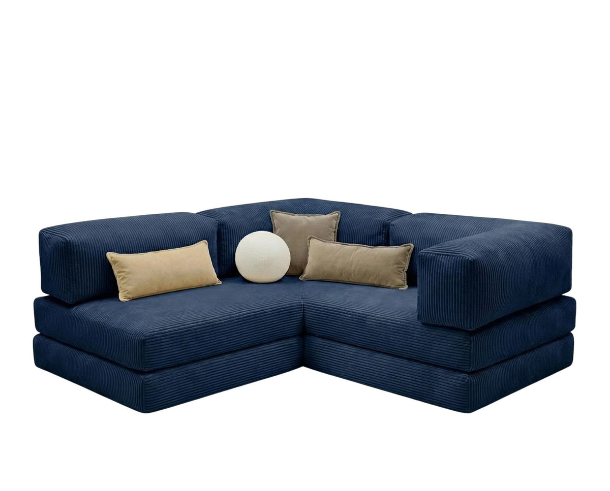 Marineblaues Eck-Schlafsofa aus Cord-Plüschstoff mit vier Kissen, Rollpack-Verpackung und abnehmbarem, waschbarem Bezug.