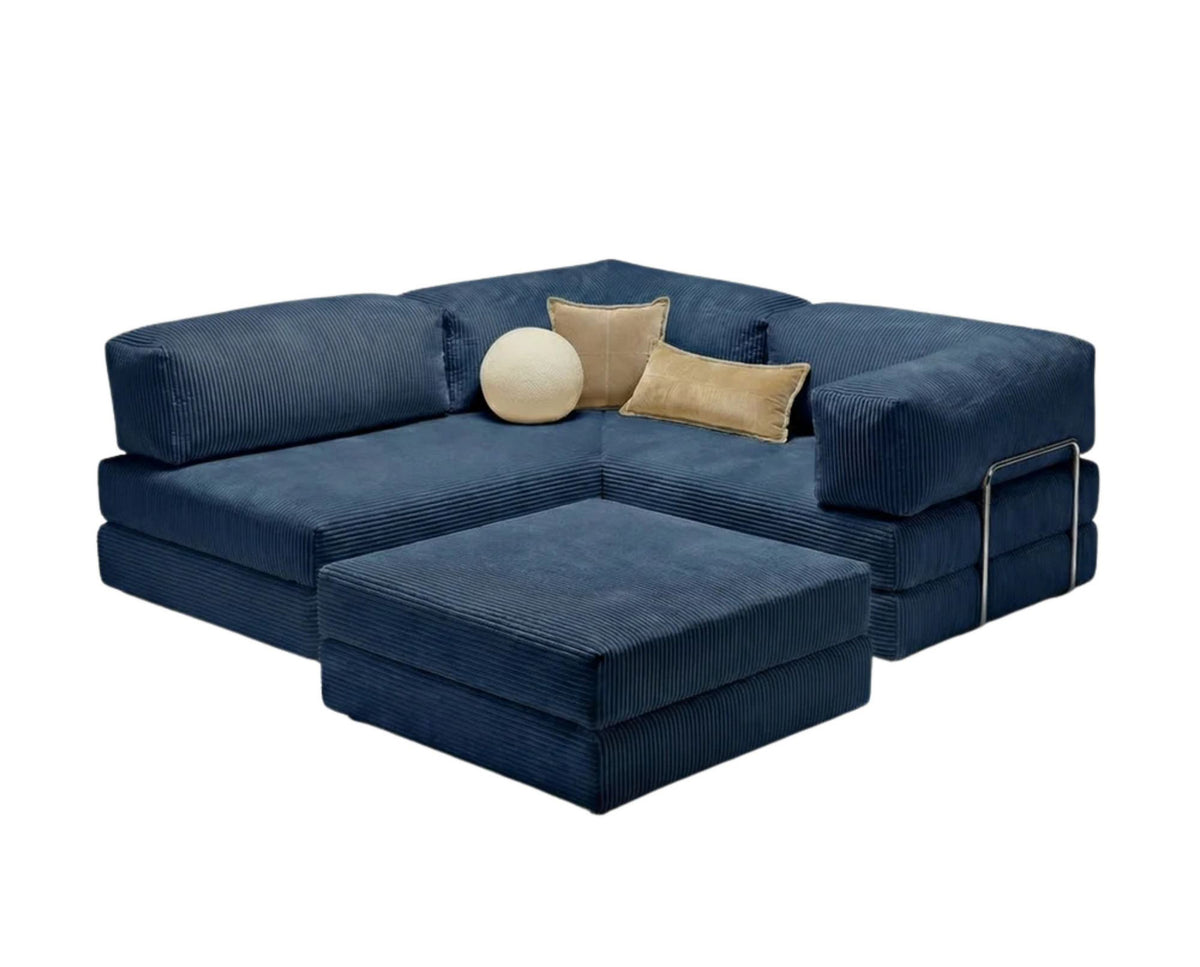 Marineblaues Eck-Schlafsofa aus Cord-Plüschstoff mit vier Kissen, Rollpack-Verpackung und abnehmbarem, waschbarem Bezug.