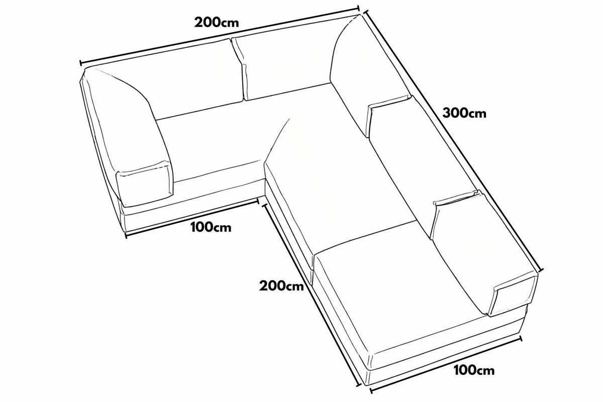 Kanyon Eck-Schlafsofa in Indigo von Hanah Home aus geripptem Cord-Plüschstoff, L-Form mit vier mitgelieferten Kissen.