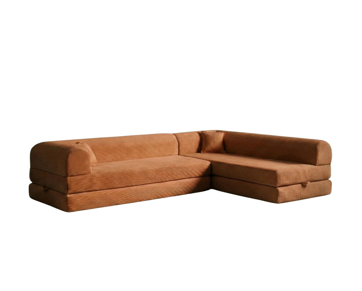 Ecksofa-Bett in Ziegelrot mit Cord-Plüschstoff-Bezug, vier Kissen, Rollpack-Design, Sitzhöhe 36 cm, Rückenhöhe 25 cm, Masse 280x90 cm.
