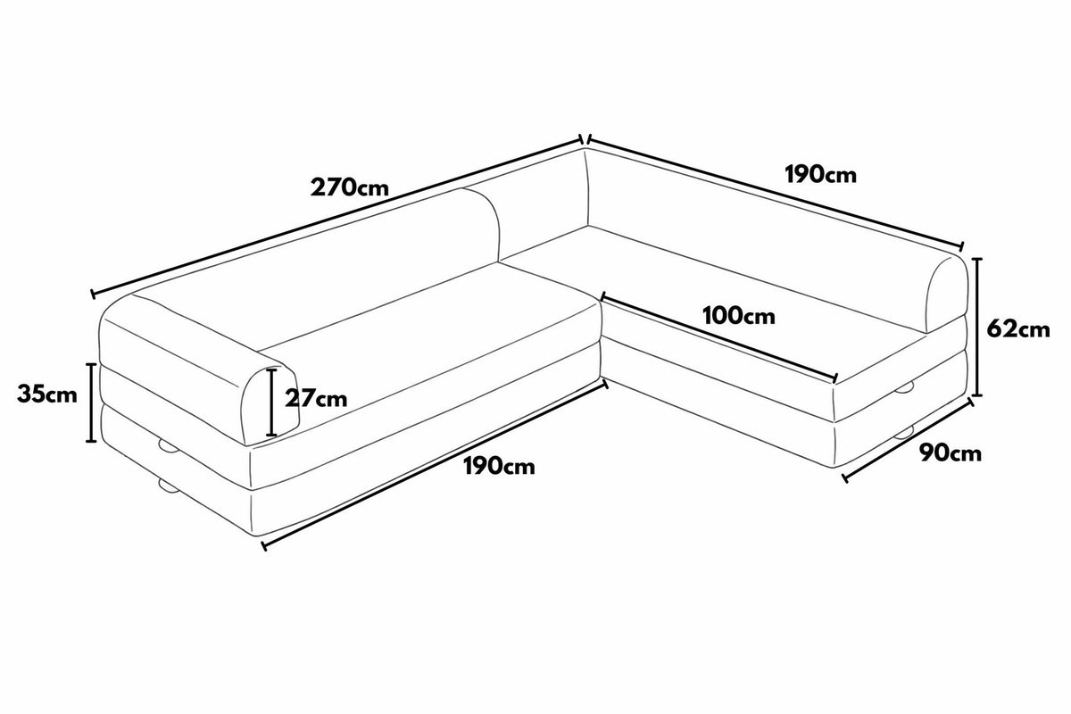 Ecksofa-Bett in Ziegelrot mit Cord-Plüschstoff-Bezug, vier Kissen, Rollpack-Design, Sitzhöhe 36 cm, Rückenhöhe 25 cm, Masse 280x90 cm.