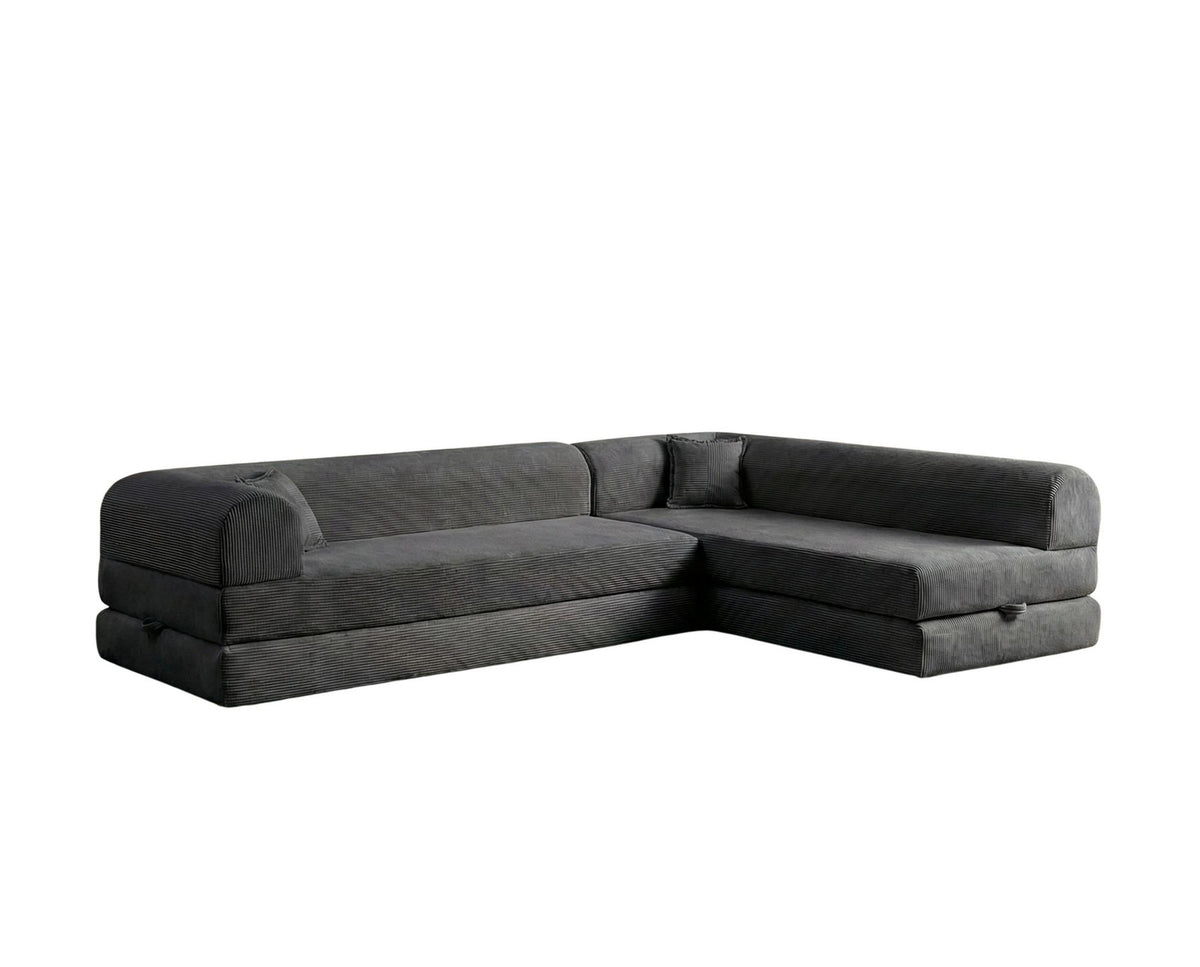 Anthrazitfarbenes Ecksofa-Bett aus geripptem Plüschstoff mit vier Kissen, Rollpack-Design und abnehmbarem Bezug, Hanah Home.