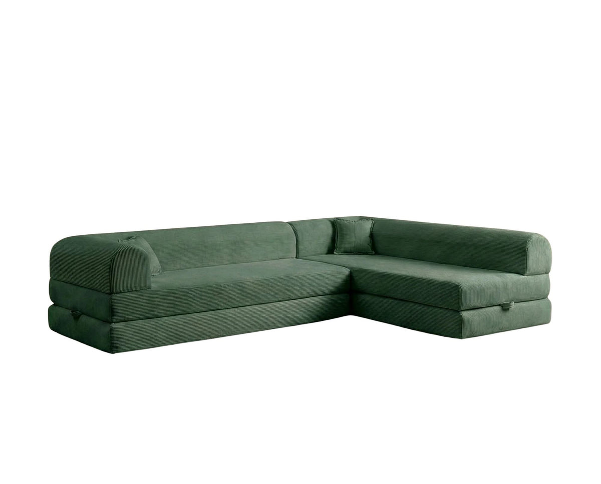 Grünes Ecksofa-Bett aus geripptem Cord-Plüschstoff mit vier Kissen, Rückenlehne und Sitzfläche aus Schaumstoff, Frontalansicht.