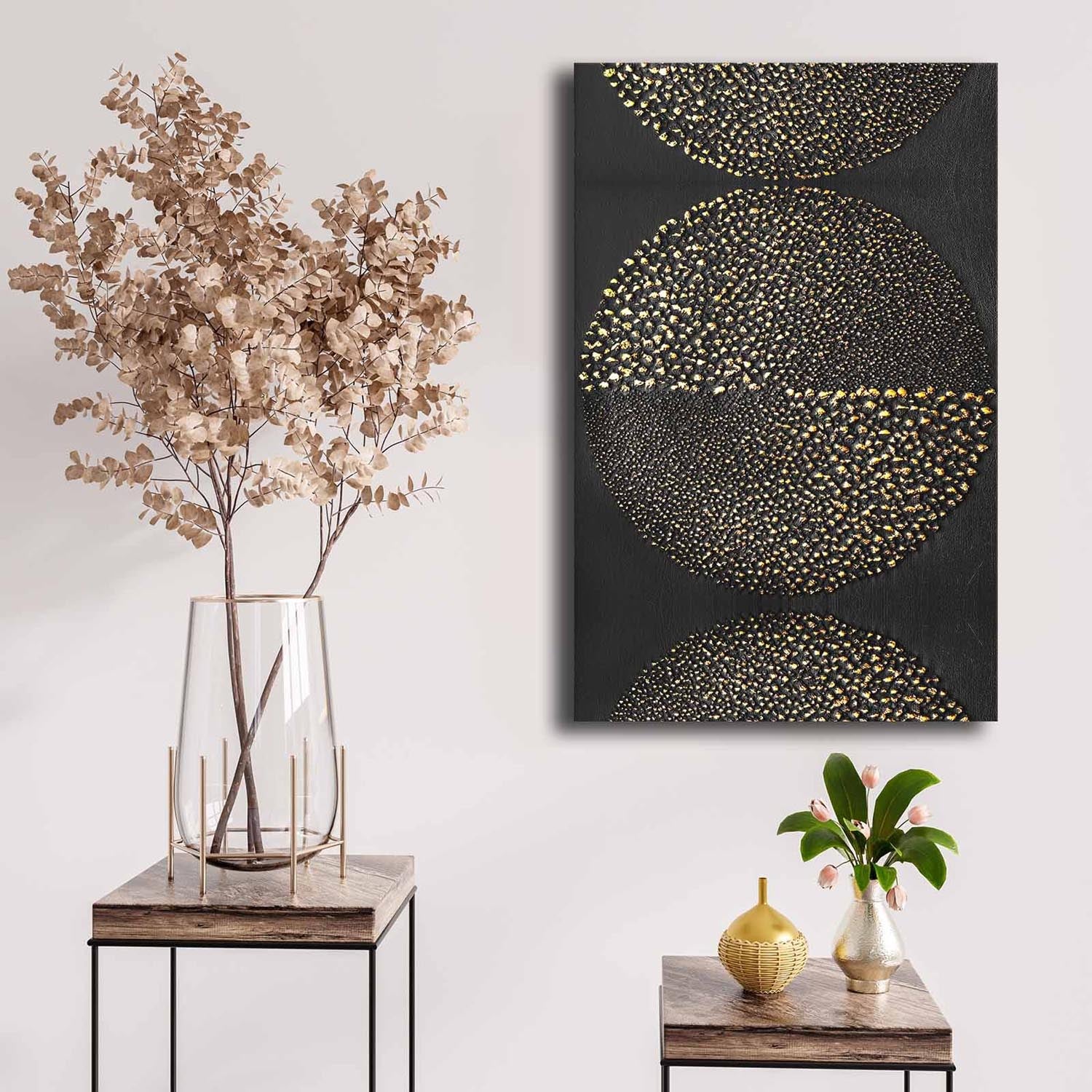 Entdecken Sie das elegante Leinwandgemälde 4570NISC von Wallity in Gold, Weiß und Schwarz. Perfekt für stilvolle Wohnräume!