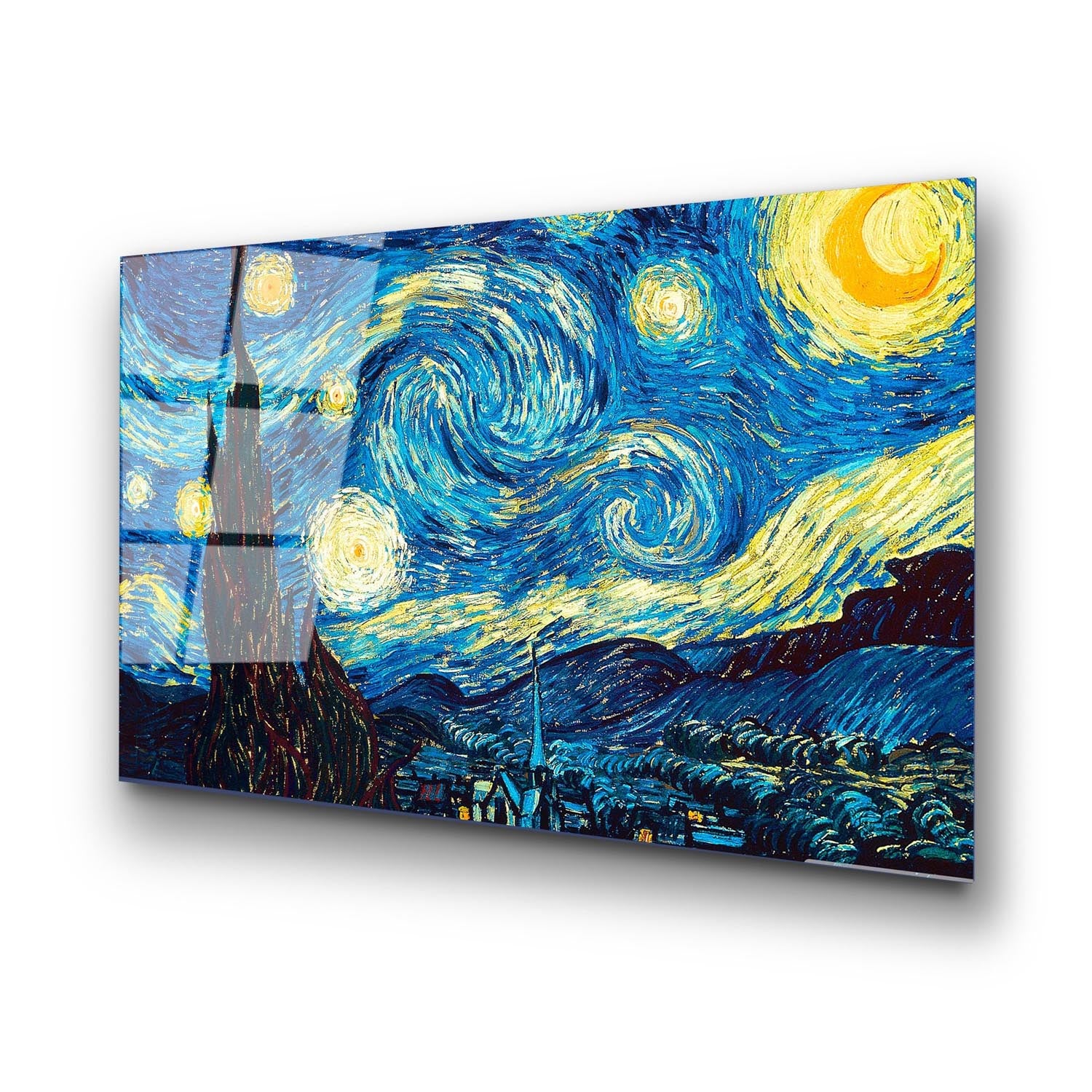 Verleihen Sie Ihrem Raum mit Van Goghs Sternennacht aus gehärtetem Glas einen Hauch von Kunst und Eleganz! Ideal für jedes Zuhause.
