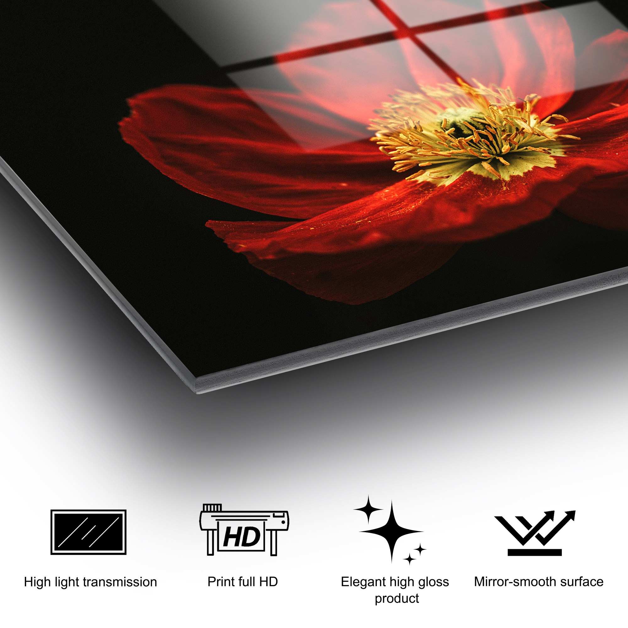 Erleben Sie die fesselnde Anziehungskraft des UV-Bildes von Wallity. Dieses kunstvolle Glasgemälde bringt lebendige Farben und stilvolle Raffinesse in Ihr Zuhause.