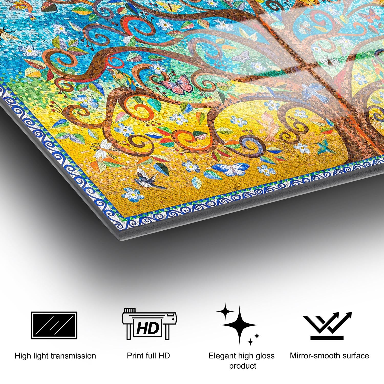 Entdecken Sie die faszinierende Schönheit des Lebensbaums von Gustav Klimt auf gehärtetem Glas. Ein zeitloses Kunstwerk für Ihr Zuhause!