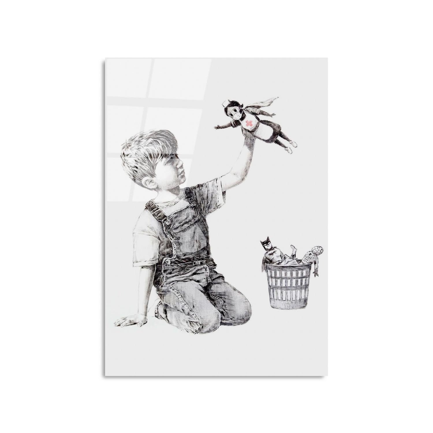 Entdecken Sie das mehrfarbige UV-Bild von Wallity, das Banksys einzigartige Kunst in Ihr Zuhause bringt und für faszinierende Gespräche sorgt.