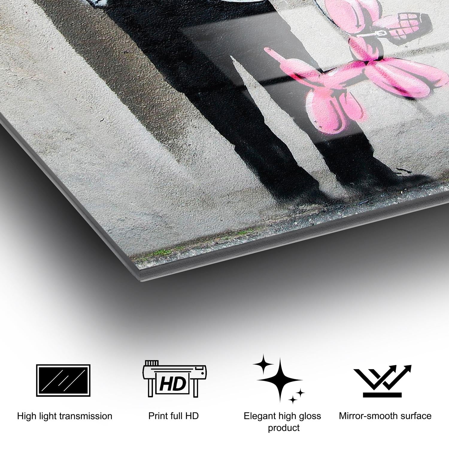 Entdecken Sie die fesselnde Schönheit des mehrfarbigen UV-Bildes von Wallity, das Ihren Raum mit Banksys einzigartigem Stil und emotionaler Tiefe bereichert!