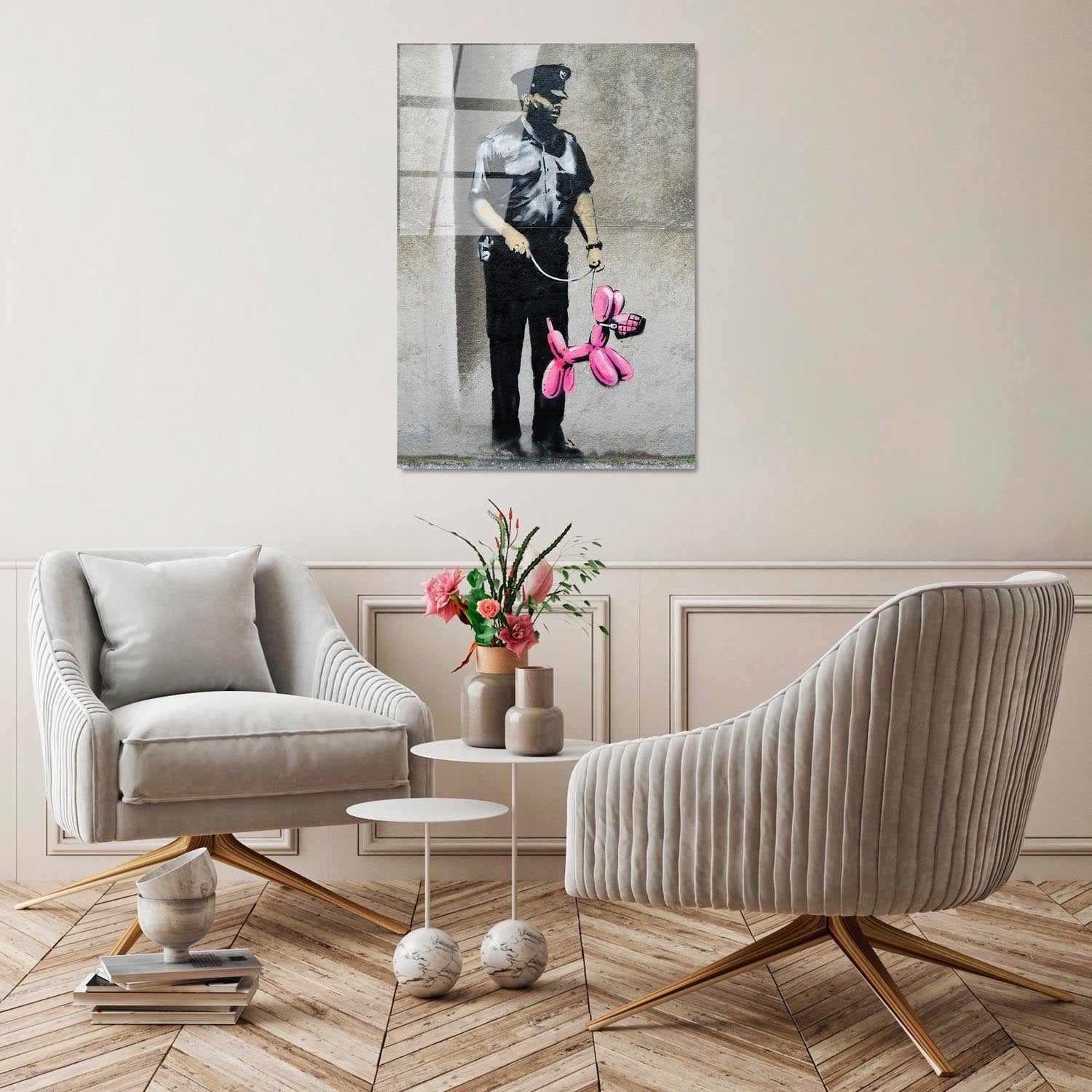 Verleihen Sie Ihrem Zuhause mit unserem mehrfarbigen UV-Bild von Wallity einen Hauch von Banksys einzigartiger Kunst – stilvoll und langlebig!