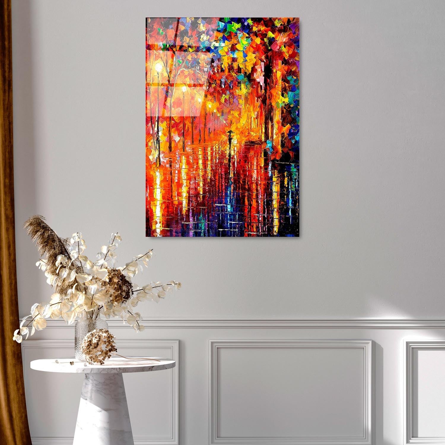 Verleihen Sie Ihrem Raum mit dem UV-416 von Wallity einen Hauch von Kunst! Dieses 50 x 70 cm große, mehrfarbige Glasgemälde begeistert durch seine lebendigen Farben und zeitlose Eleganz.