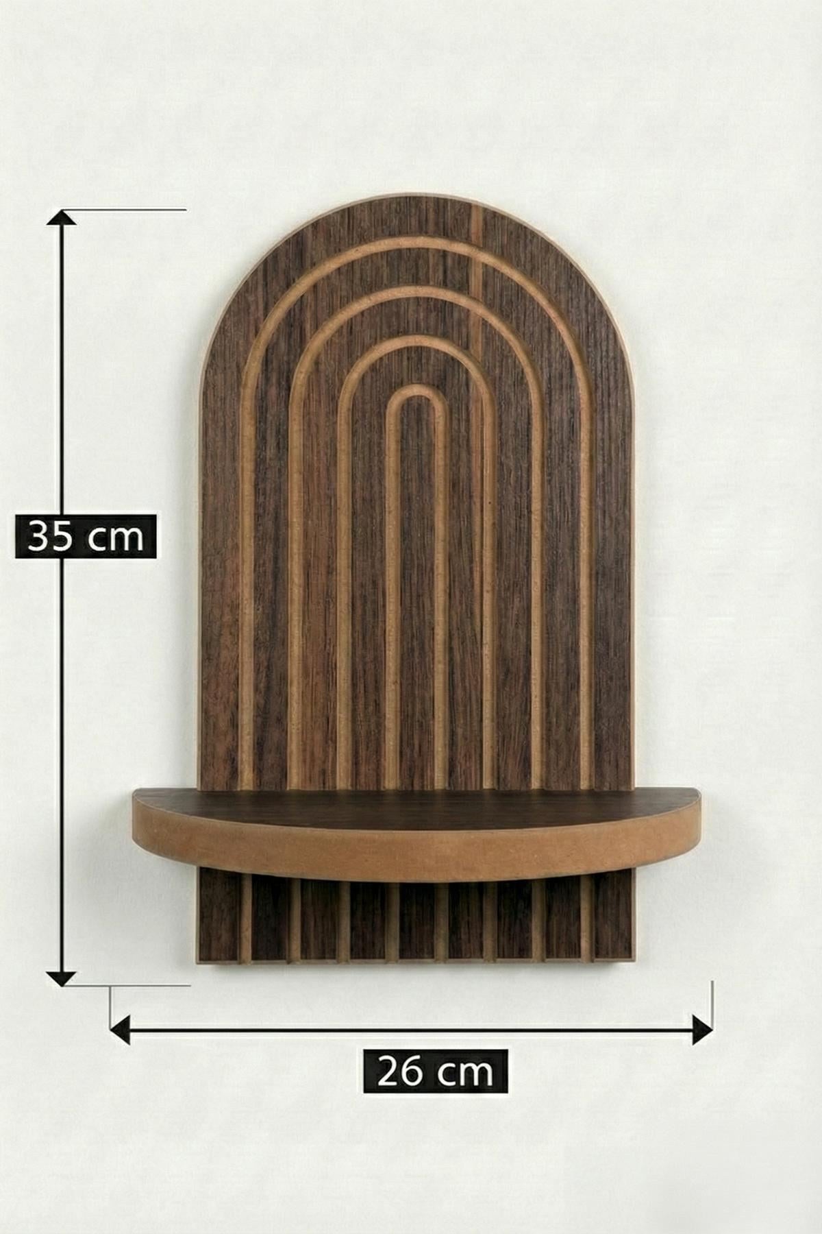 Wandregal aus MDF in Wenge-Braun mit geometrischer Form, montiert an einer Wand, Grösse 26x35x13 cm, moderne Optik.