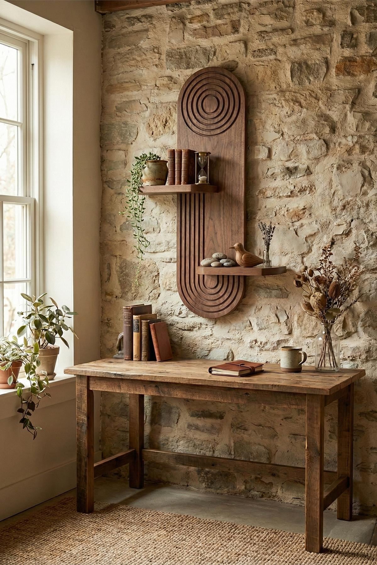 Wandregal aus MDF in Wenge-Braun mit geometrischer Form, Masse 26x13x70 cm, an weisser Wand montiert, Hersteller Hanah Home.