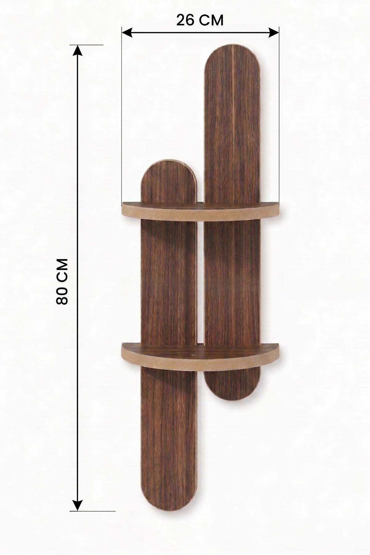 Wandregal aus MDF in Wenge-Farbe, schlanke Form, Masse 26x13x80 cm, an einer Wand montiert mit Büchern und Dekoobjekten.