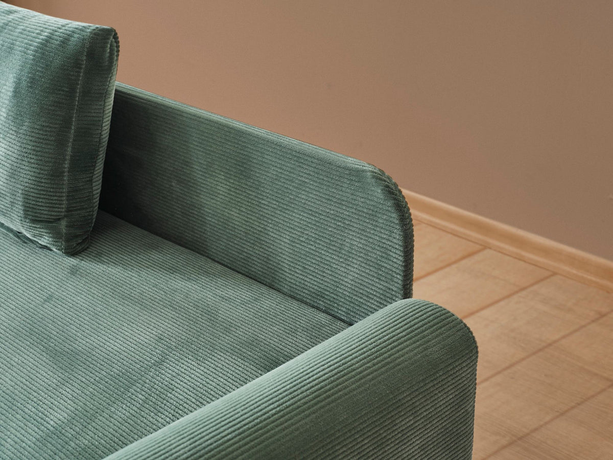 Grünes Flavia Ecksofa von Hanah Home mit Polyester-Bezug in Leinenstruktur, Metallgestell und Kunststoffbeinen, Eckform.