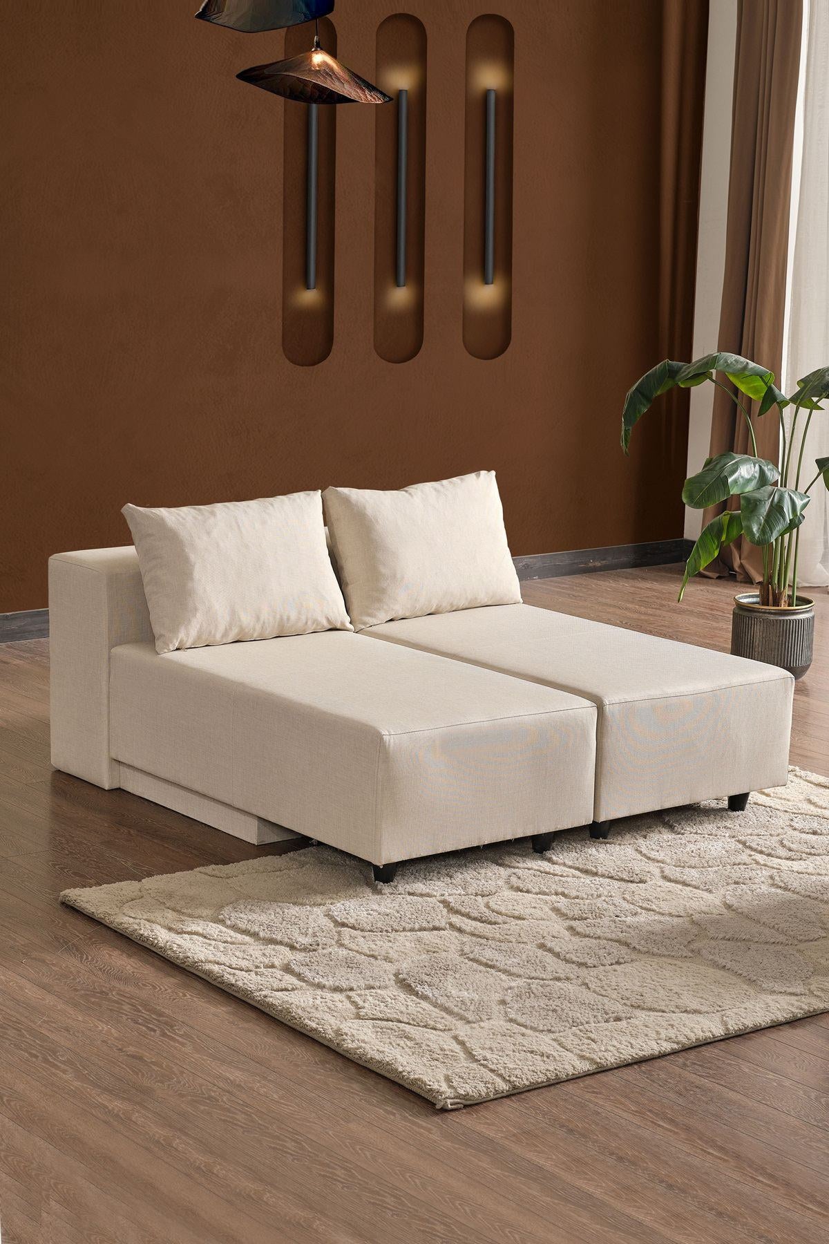 Beiges Ecksofa Poly M von Hanah Home mit Leinenstruktur-Stoffbezug und Metallgestell, Sitzhöhe 42 cm, modernes schlichtes Design.