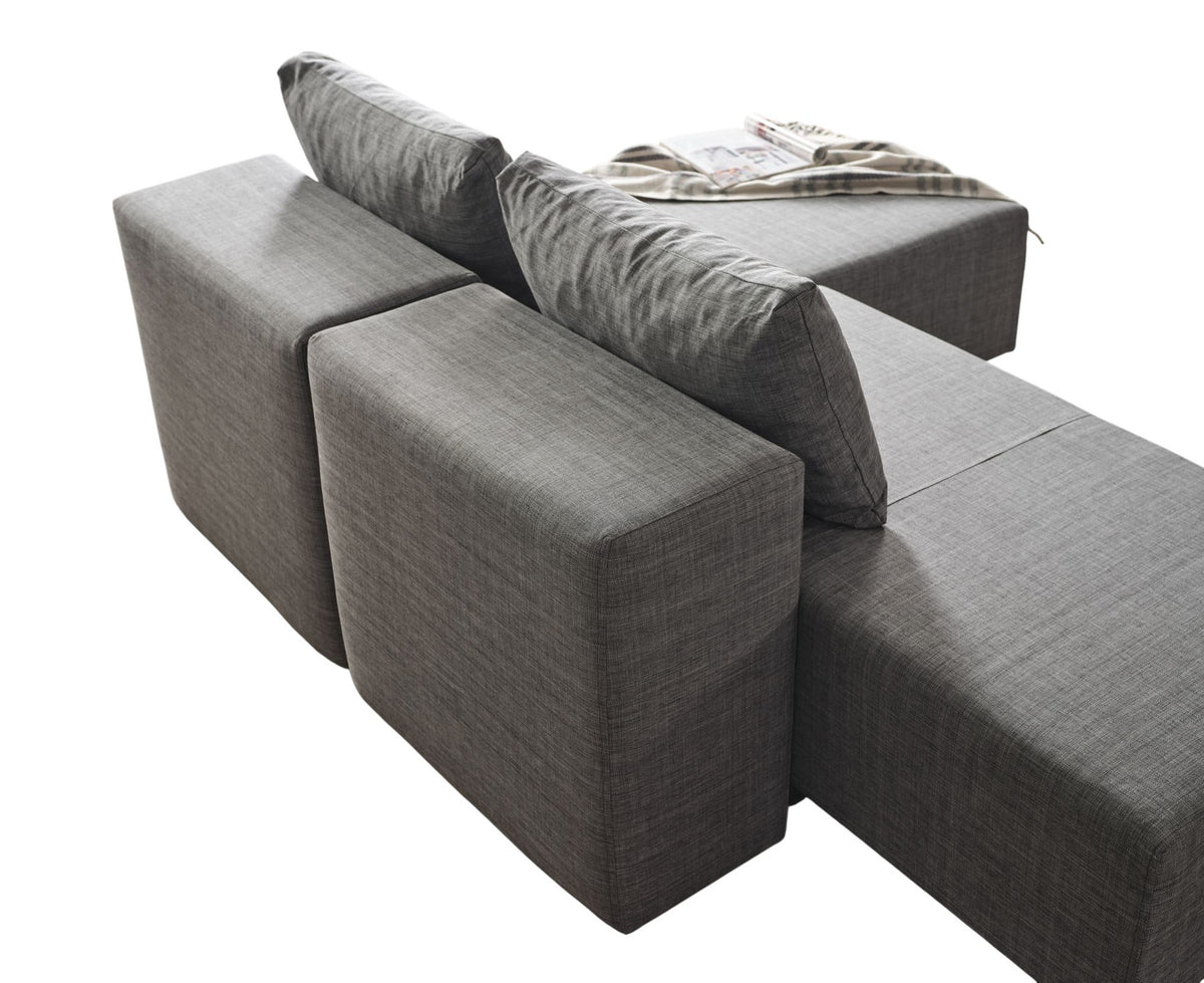 Graues Eckschlafsofa Poly M von Hanah Home mit Metallgestell und Polyesterbezug in Leinenstruktur, Eckform, 180x150 cm.
