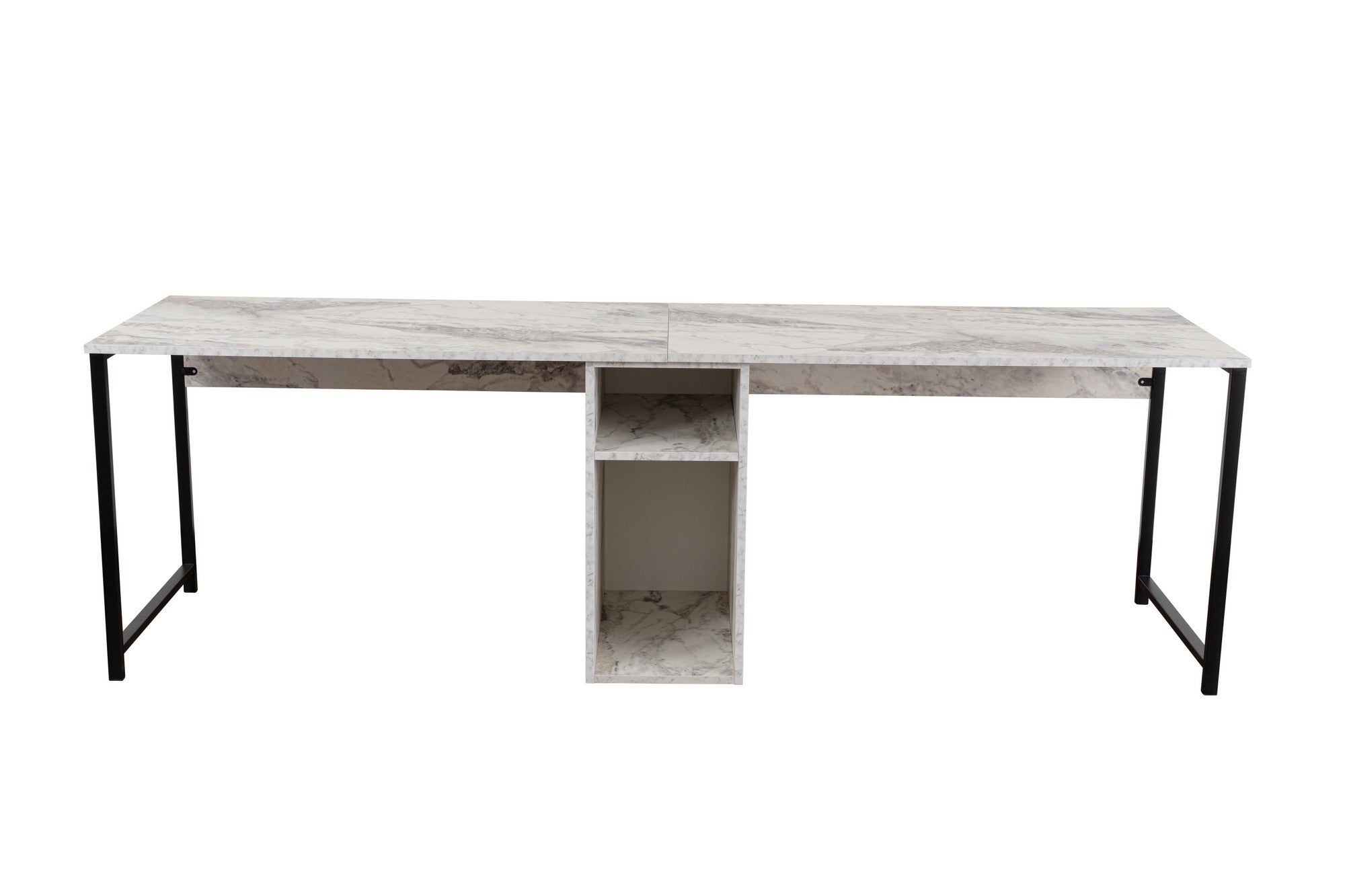 Entdecken Sie den Twin Study Desk - Freesia Marble, Black von Nordure: Eleganter Schreibtisch mit viel Stauraum und langlebigen Materialien für effizientes Arbeiten.