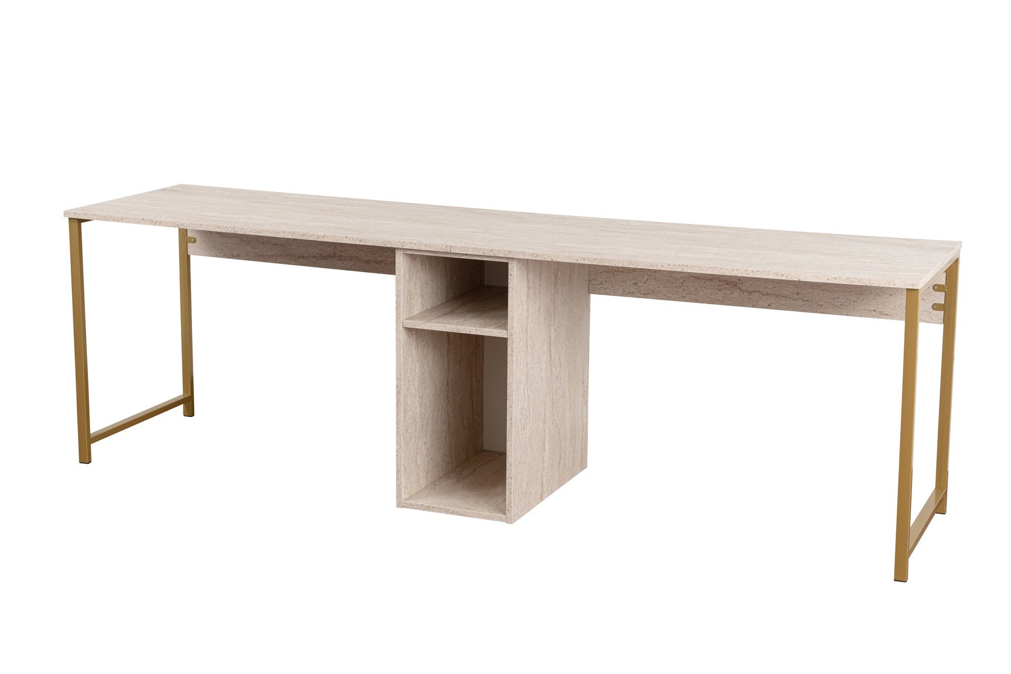 Erleben Sie den Twin Study Desk in Travertin Gold von Nordure – ein eleganter Schreibtisch, der Stil und Funktionalität für Ihr Home Office vereint.