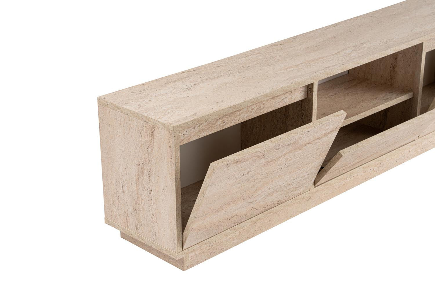 Erleben Sie das Vanguard Sideboard in Travertin von Nordure – ein stilvoller TV-Ständer, der Eleganz und Funktionalität in Ihr Wohnzimmer bringt.