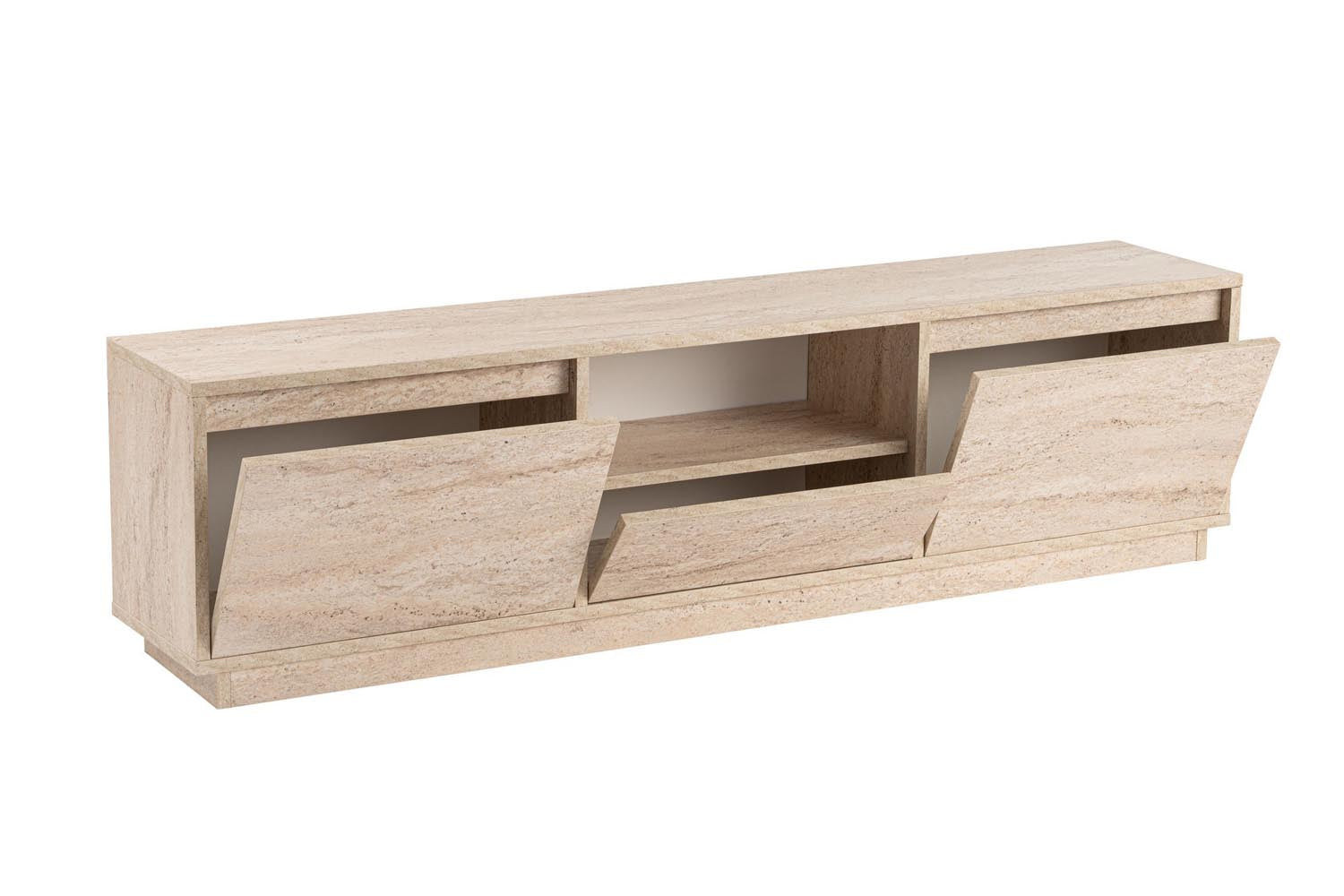 Entdecken Sie das Vanguard Sideboard in Travertin von Nordure – ein eleganter TV-Ständer, der Ihr Wohnzimmer stilvoll organisiert und aufwertet.